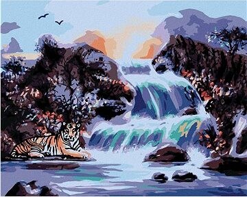 Zuty – Maľovanie podľa čísel – Tiger a vodopád (D. Rusty Rust), 80 × 100 cm, plátno + rám