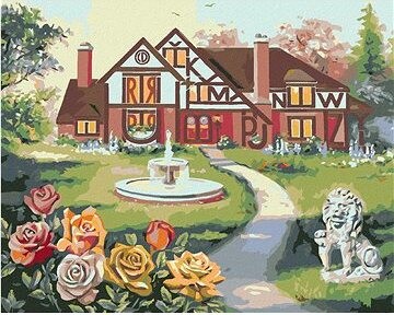 Zuty – Maľovanie Podľa Čísel – Dom S Písmenami A Fontánou, Ruže A Socha Leva (D. Rusty Rust), 80 × 100 cm, Plátno + Rám