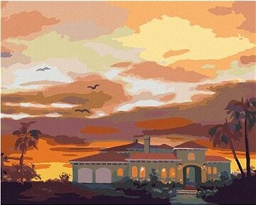 Zuty – Maľovanie Podľa Čísel – Dom, Palmy A Západ Slnka (D. Rusty Rust), 80 × 100 cm, Plátno + Rám