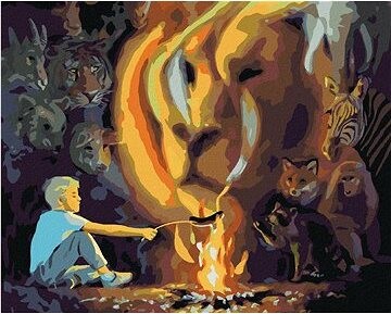 Zuty – Maľovanie podľa čísel – Chlapec pri ohni a lev v dyme (D. Rusty Rust), 80 × 100 cm, plátno + rám