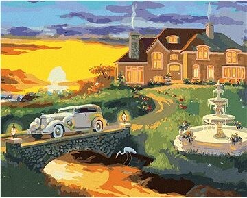 Zuty – Maľovanie podľa čísel – Biele auto odchádzajúce od domu a západ slnka (D. Rusty Rust), 80 × 100 cm, plátno + rám