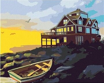 Zuty – Maľovanie podľa čísel – Loďka, dom pri pobreží a západ slnka (D. Rusty Rust), 80 × 100 cm, plátno + rám