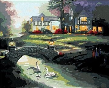 Zuty – Maľovanie podľa čísel – Labute na rieke a dom (D. Rusty Rust), 80 × 100 cm, plátno + rám