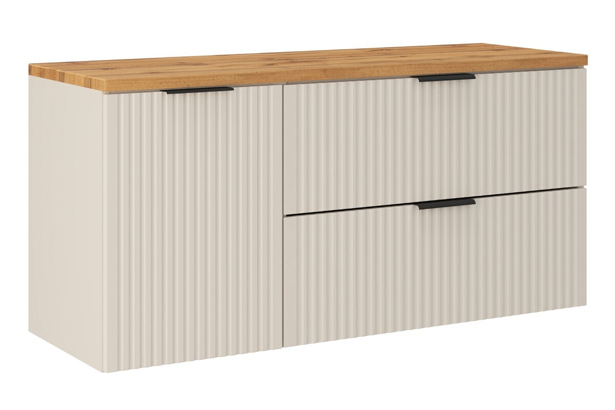 Závěsná skříňka pod umyvadlo Adele Cashmere s deskou a košem na prádlo 120 cm kašmírová/dub wotan