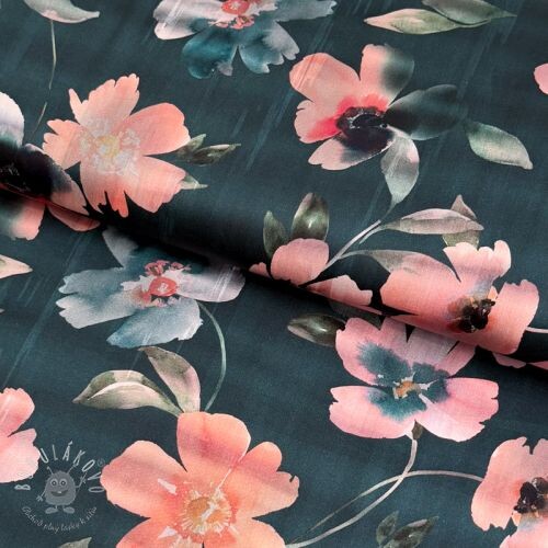 Bavlnená látka SATIN Penny flower petrol digital print