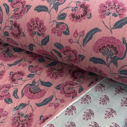 Dvojitá gázovina/mušelín STEPPED Flowers mauve