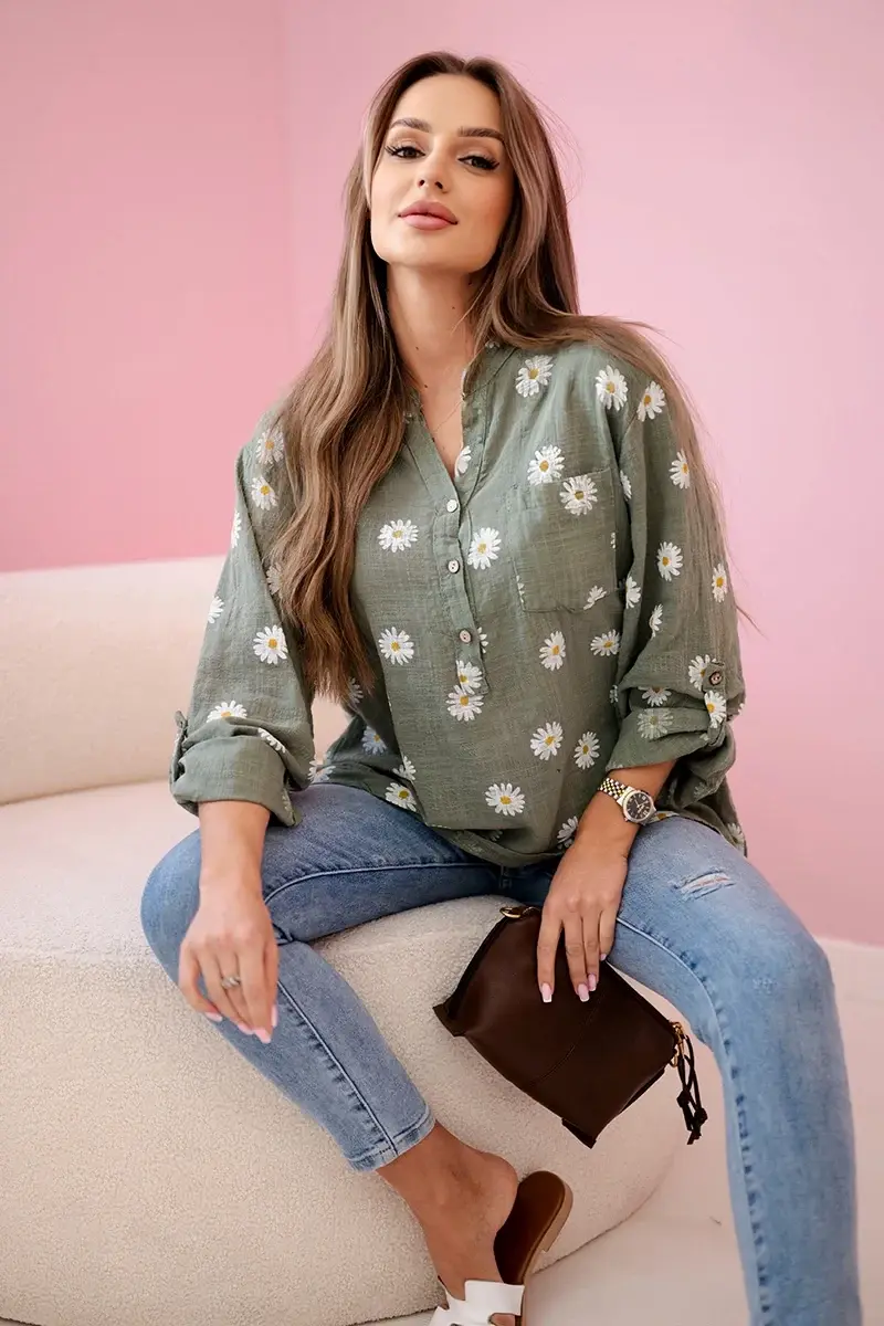 Kesi Włoski Ľanová dámska blúzka s kvetmi, dlhými rukávmi a gombíkmi khaki