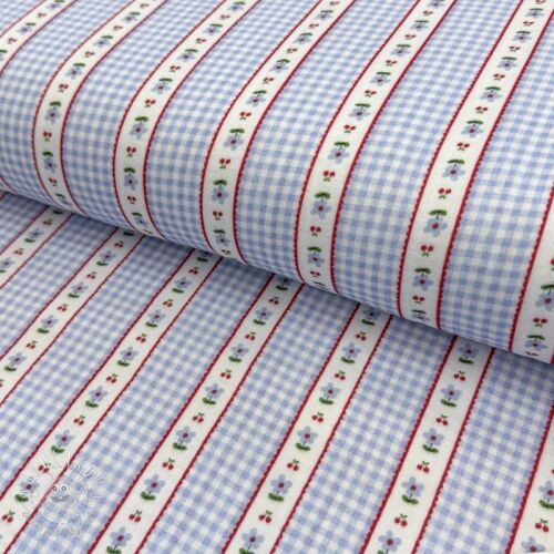 Dvojitá gázovina/mušelín Flowers check blue digital print