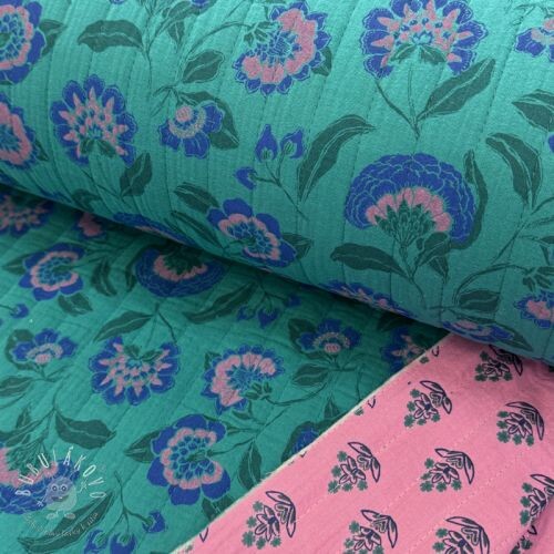 Dvojitá gázovina/mušelín STEPPED Flowers petrol