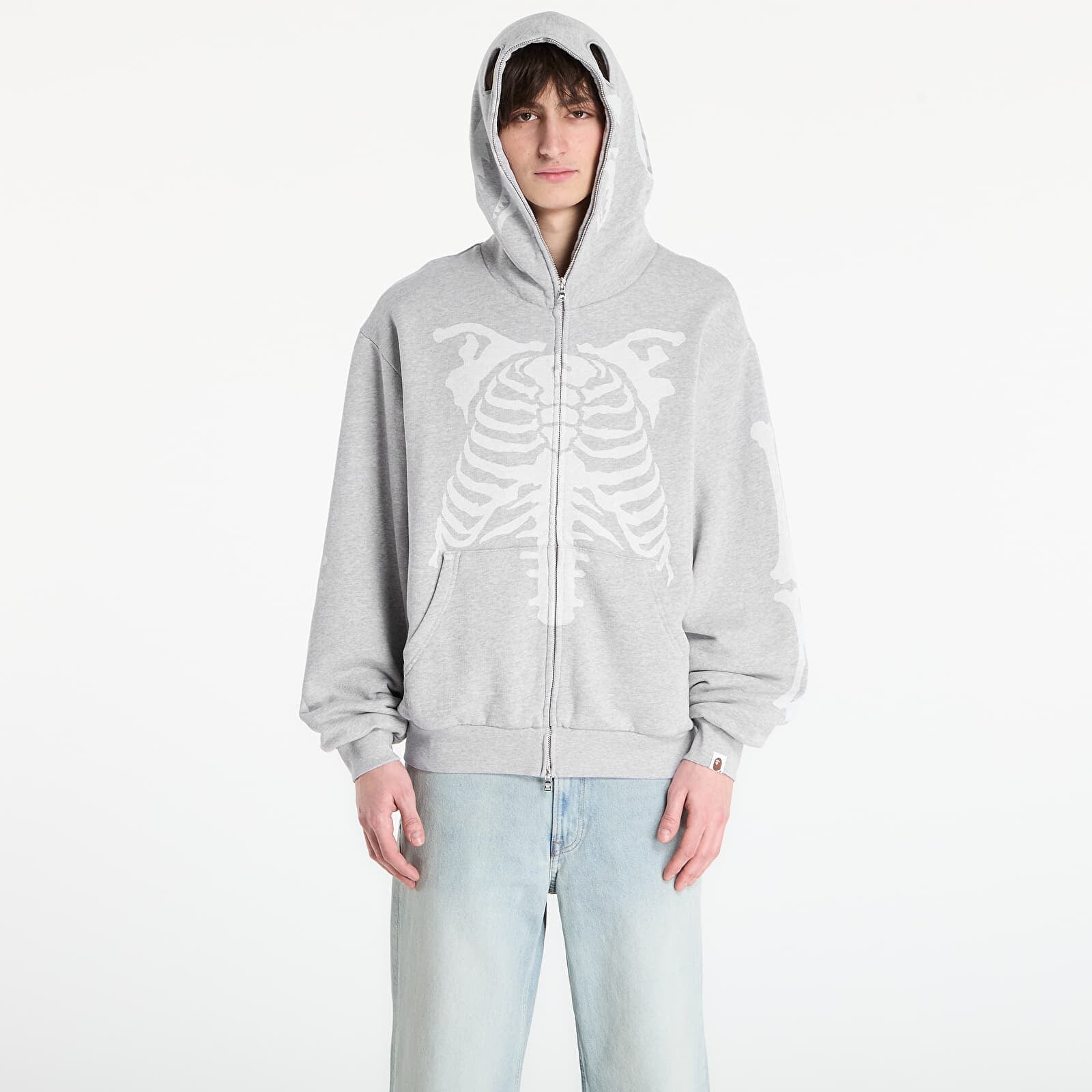 Mikina A BATHING APE Skeleton Shark Heavy Washed Cropped Fit Full Zip Hoodie M Gray S
