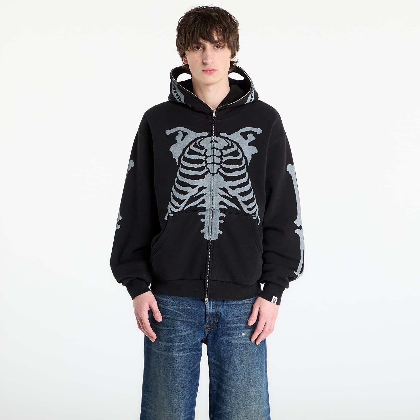Mikina A BATHING APE Skeleton Shark Heavy Washed Cropped Fit Full Zip Hoodie M Black S