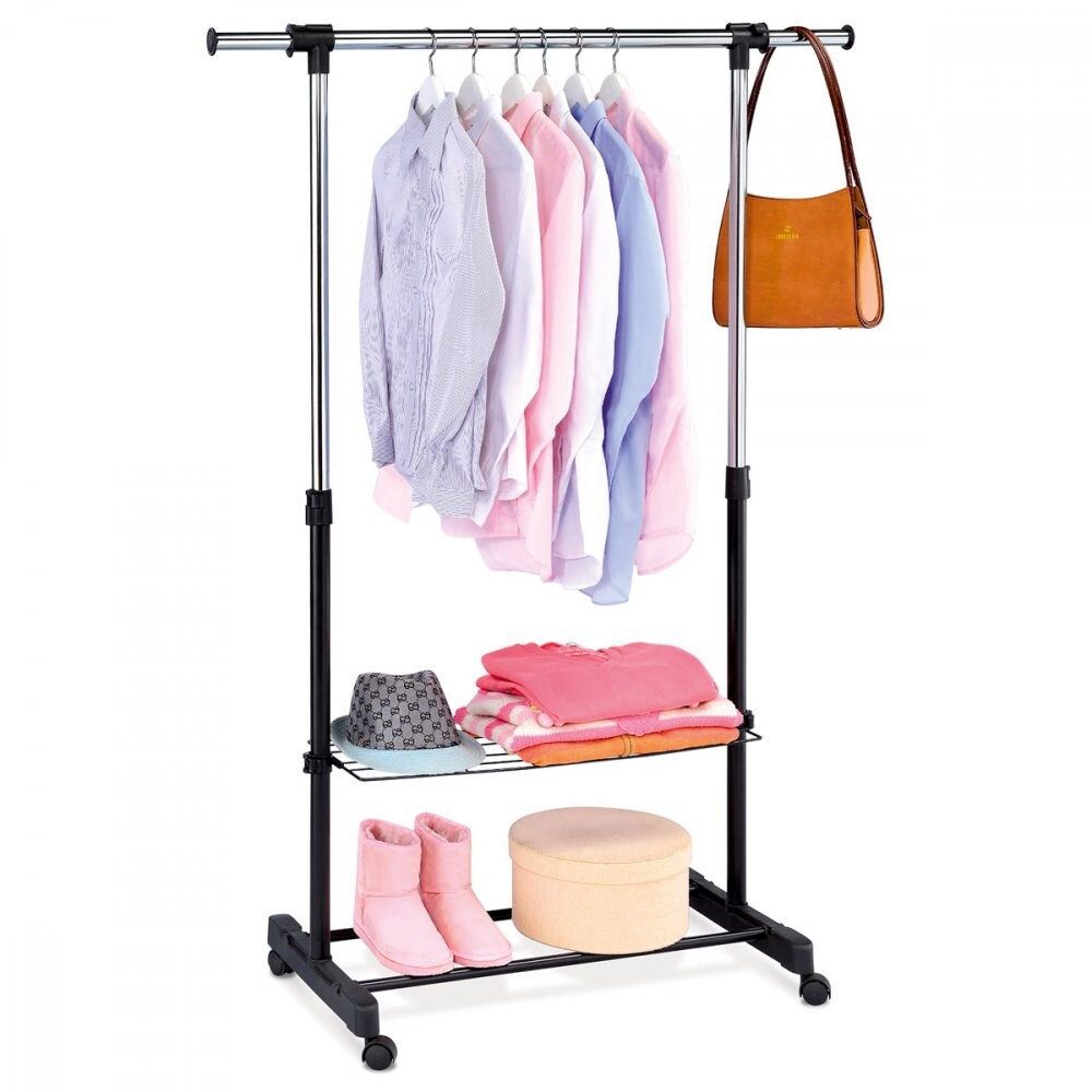 Stojan na šaty s odkladačom a poličkou, čierna farba, kov/plast, chróm