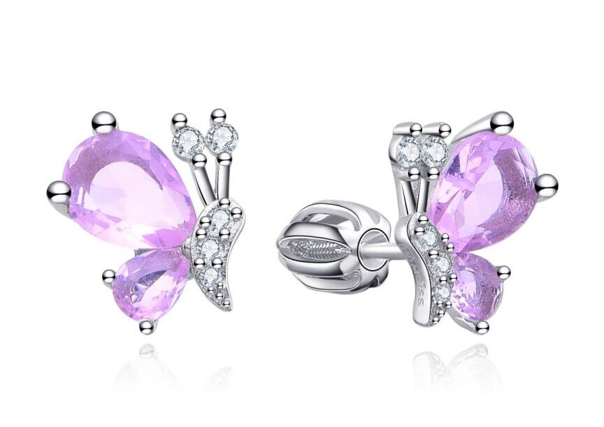 MOISS Strieborné náušnice Motýlik s ružovými zirkónmi E0004463
