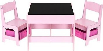ECOTOYS ZKC-1B Dětská sada nábytku, stůl a 2 židle s úložnými boxy a křídovou tabulí, růžová