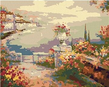 Diamondi – Diamantové maľovanie – KVETINOVÁ TERASA NAD MOROM, 40 × 50 cm, bez rámu a bez vypnutia plátna