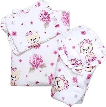 Baby Nellys Sada pro panenku 3D - zavinovačka, peřinka a polštářek, Míša Baletka, růžová