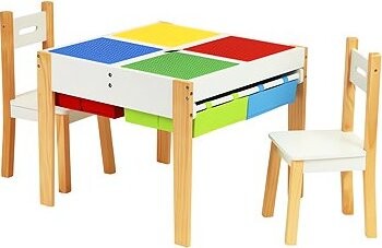 ECOTOYS XKF002 Dětská sada nábytku, stůl a 2 židle, s hrací deskou na stavebnici