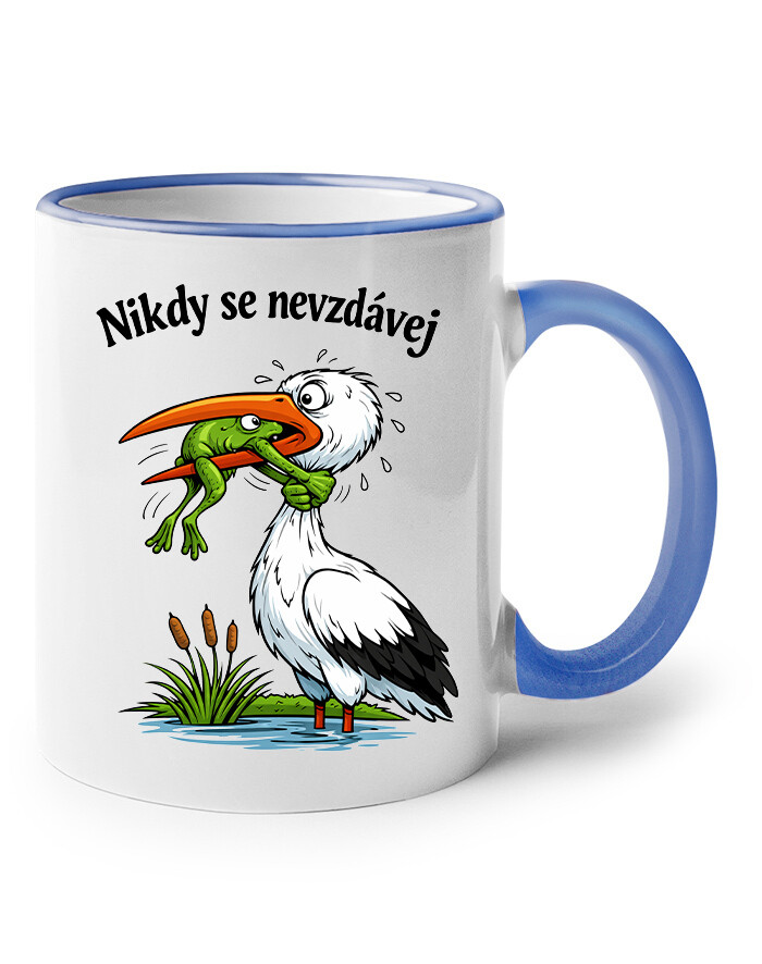 Keramický hrnček s potlačou čápa - Nikdy sa nevzdávaj