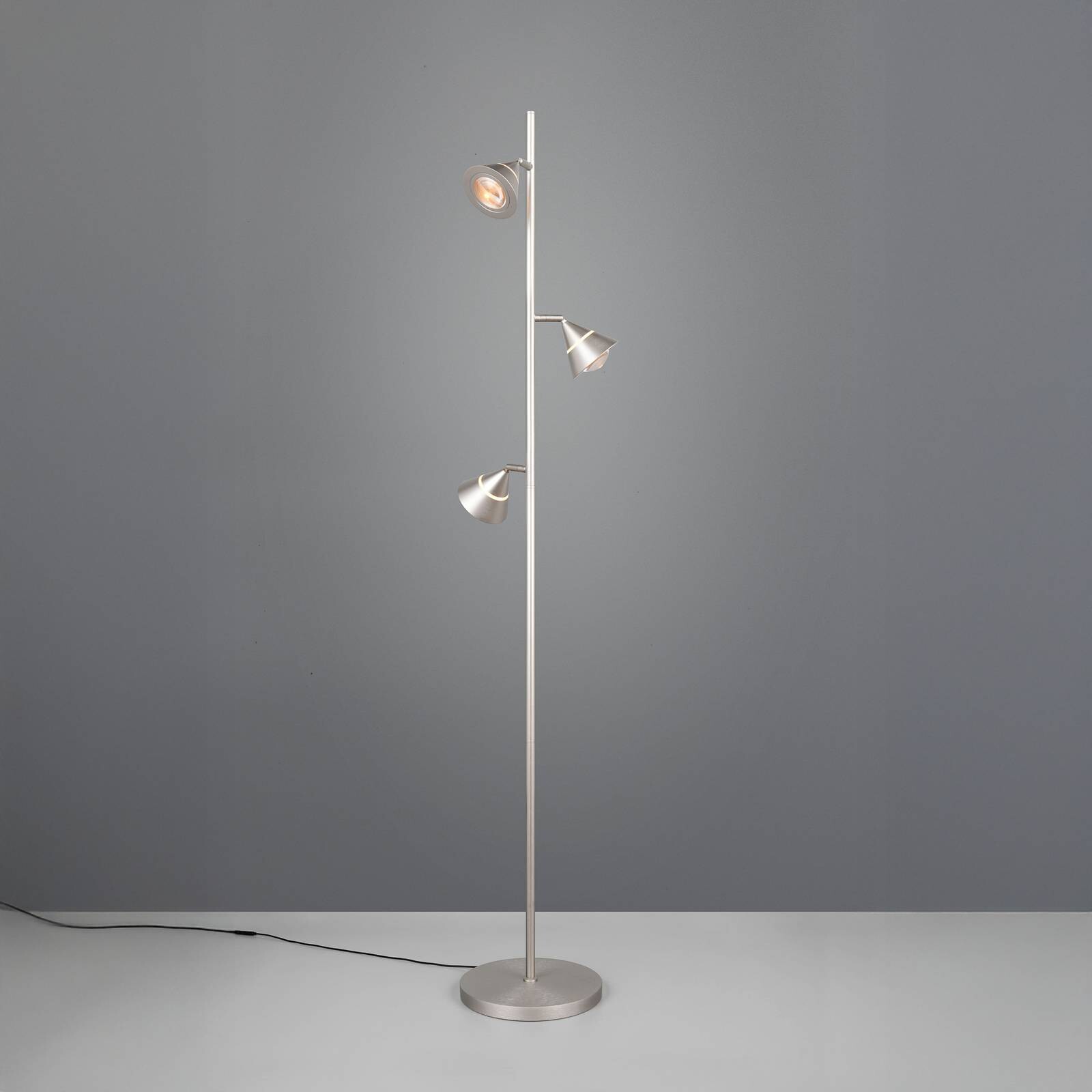 LED stojacia lampa Romeo, výška 150 cm, niklový kov, 3-pl.