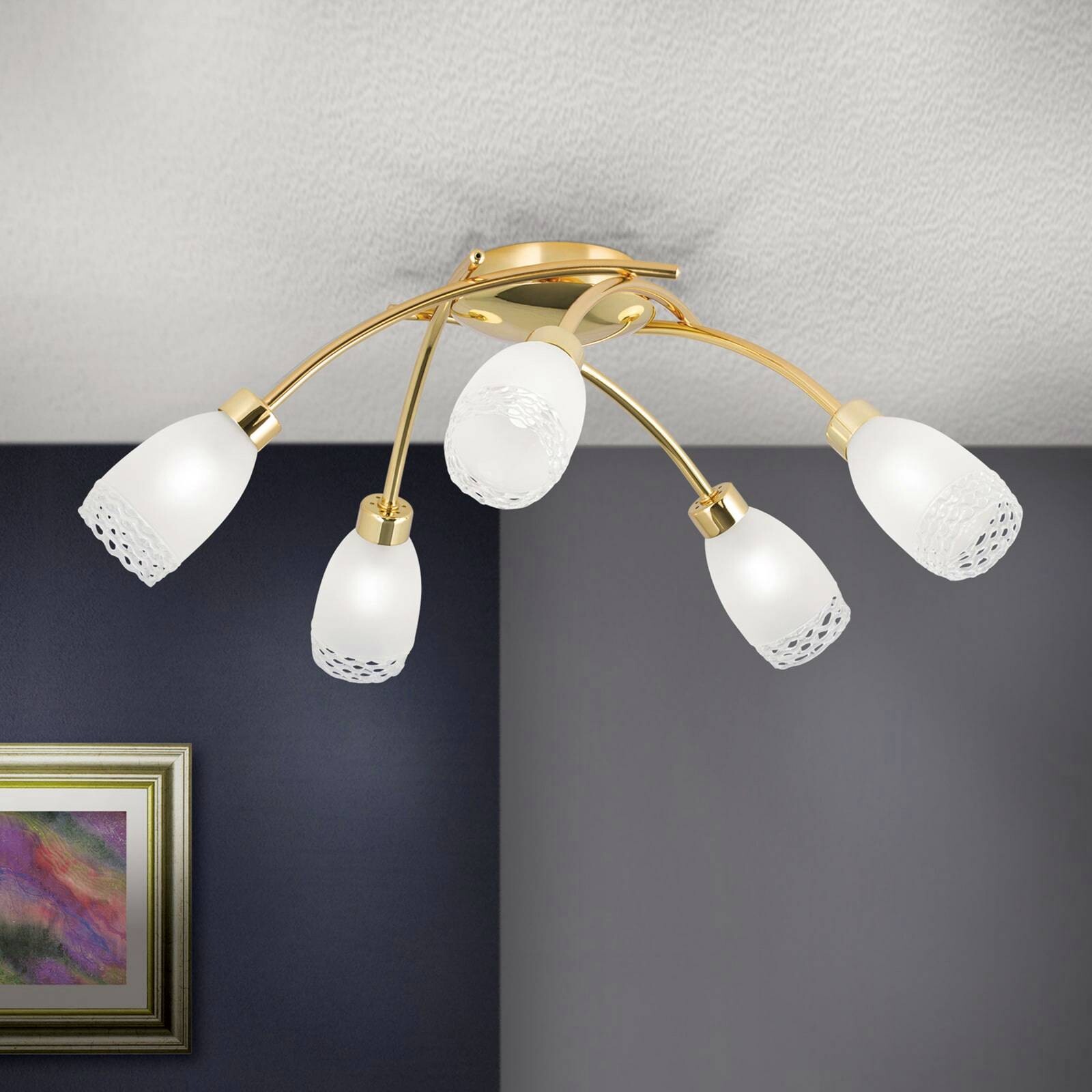 Stropné svietidlo CARLA, mosadzová farba, Ø 60 cm kov/sklo 5-pl.