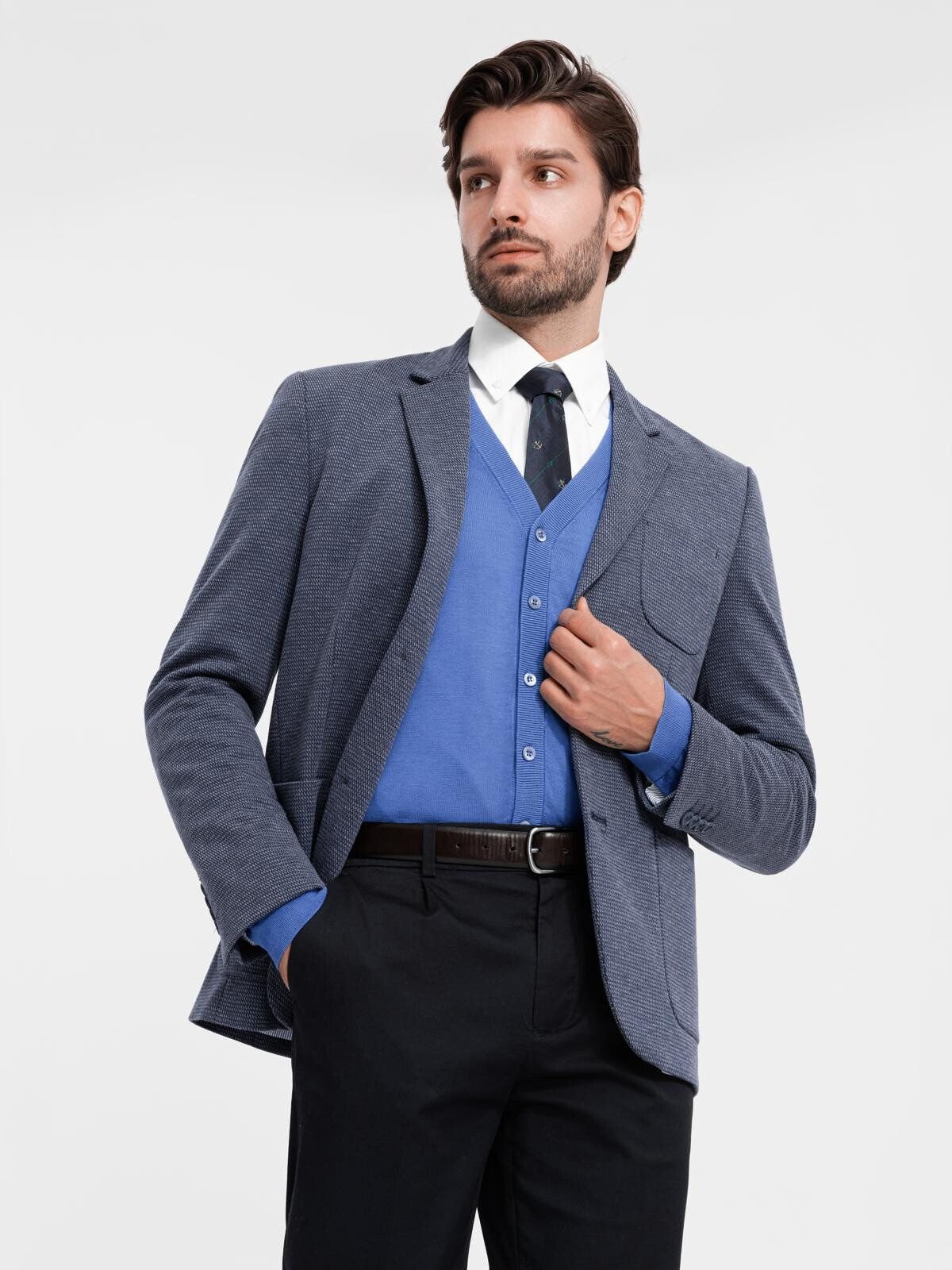 Ombre Fitted elegant men's structured knit blazer - navy blue