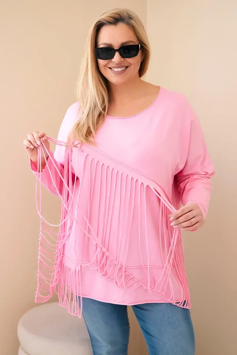 Plus size dámska blúzka s strapcami, svetloružová
