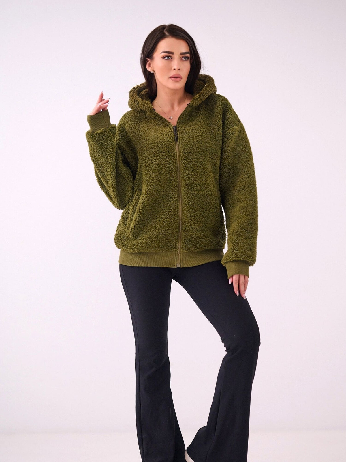 Khaki fleecová mikina s kapucňou