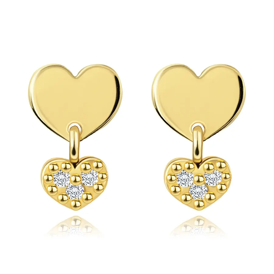 Zlaté náušnice 14K s dvojitým srdcom a čírymi zirkónmi