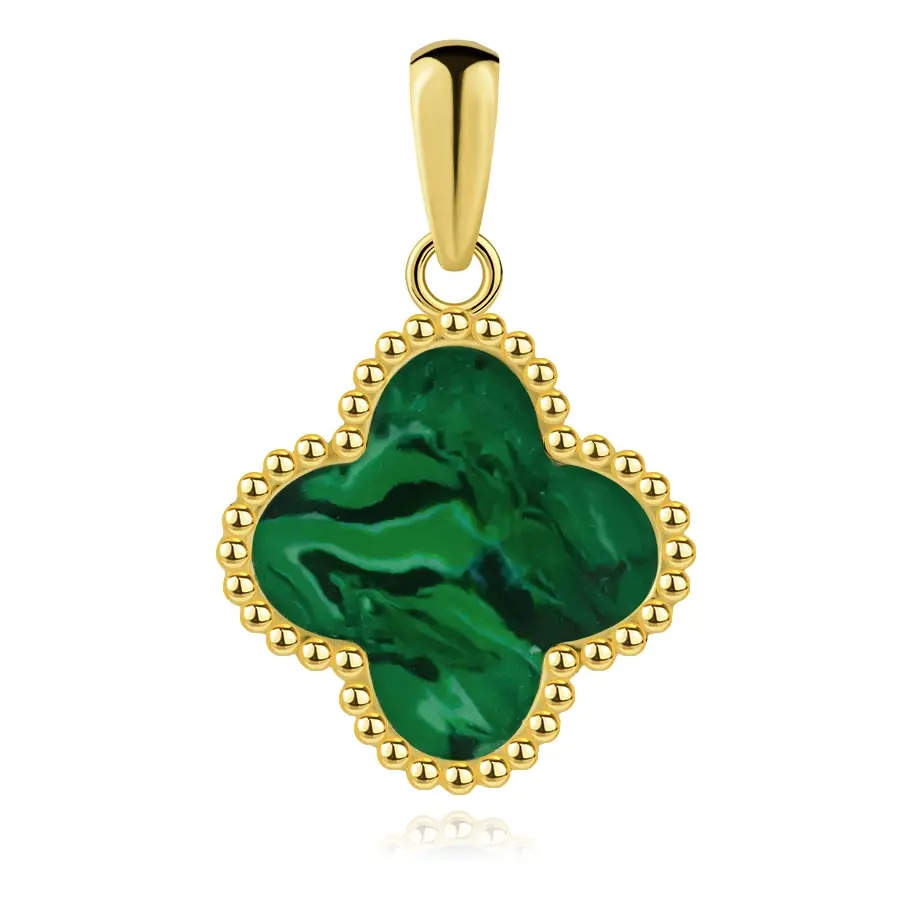 Zlatý prívesok 9K v tvare štvorlístka s imitáciou malachitu