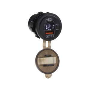 USB QC3.0 nabíjačka s USB-C nabíjačkou a voltmetrom 12V - biely LED displej