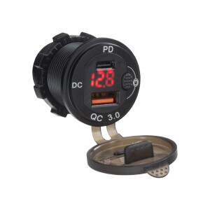USB QC3.0 nabíjačka s USB-C nabíjačkou a voltmetrom 12/24V - červený LED displej