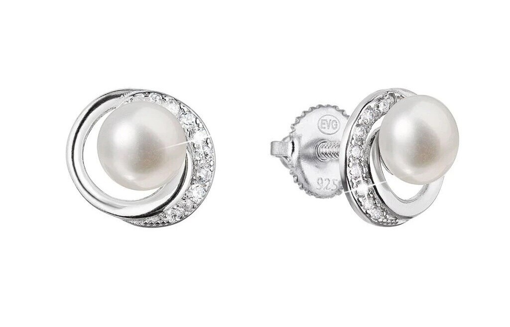 Evolution Group Strieborné náušnice kôstky s guľatou riečnou perlou a zirkónmi 21098.1S