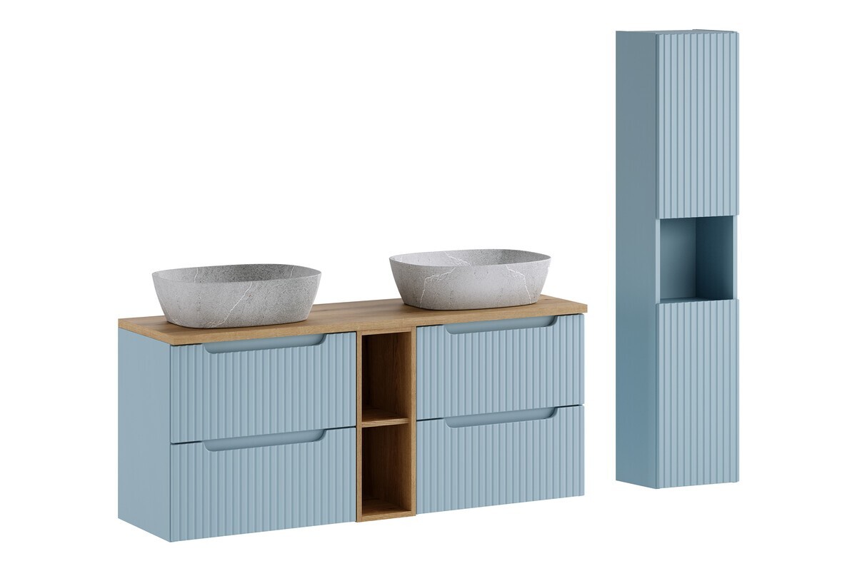 Koupelnová sestava Nova Denim s deskou, skříňkami a umyvadly 140 cm modrá/dub coast evoke