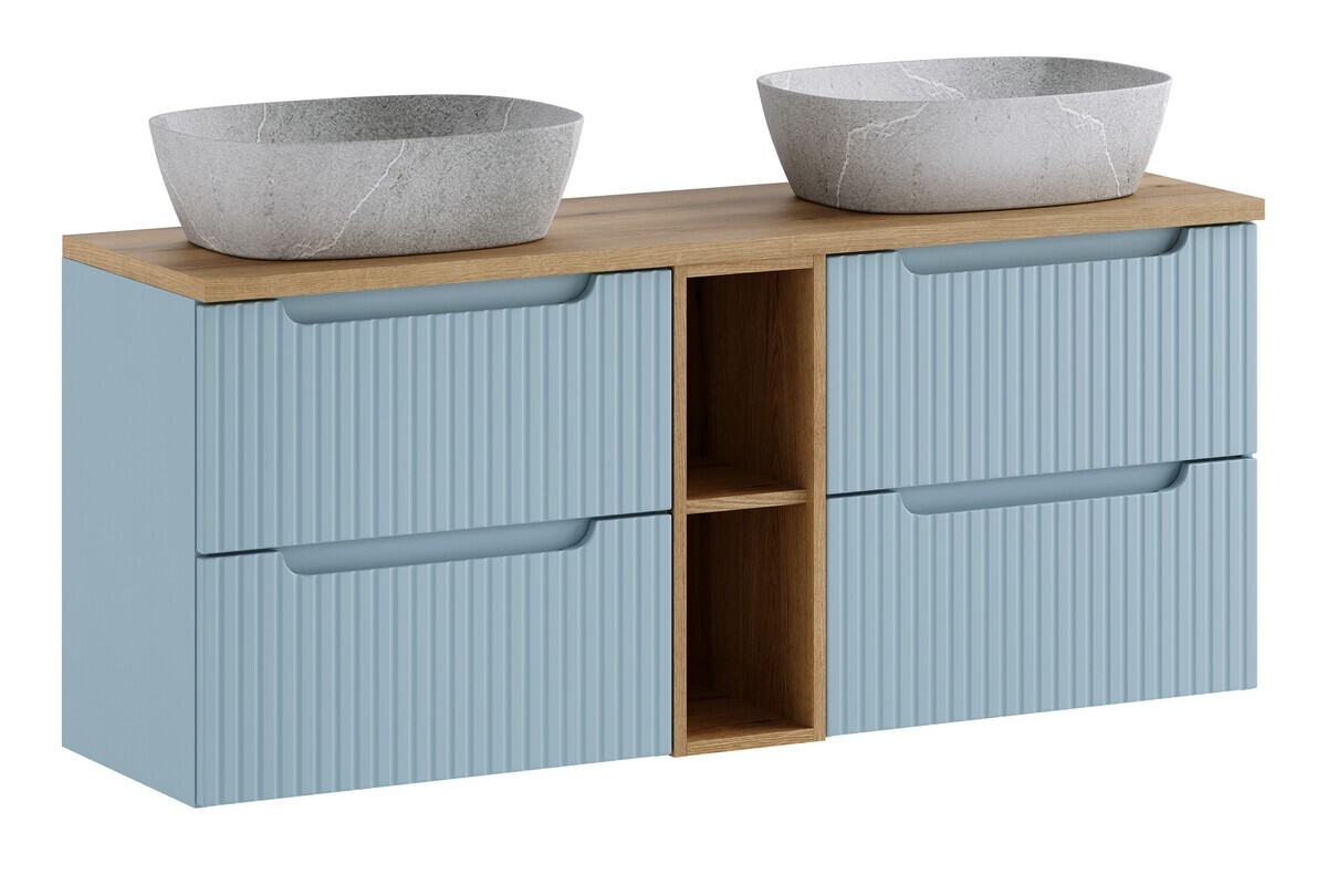 Závěsná skříňka Nova Denim Anna s deskou a umyvadly 140 cm modrá/dub coast evoke