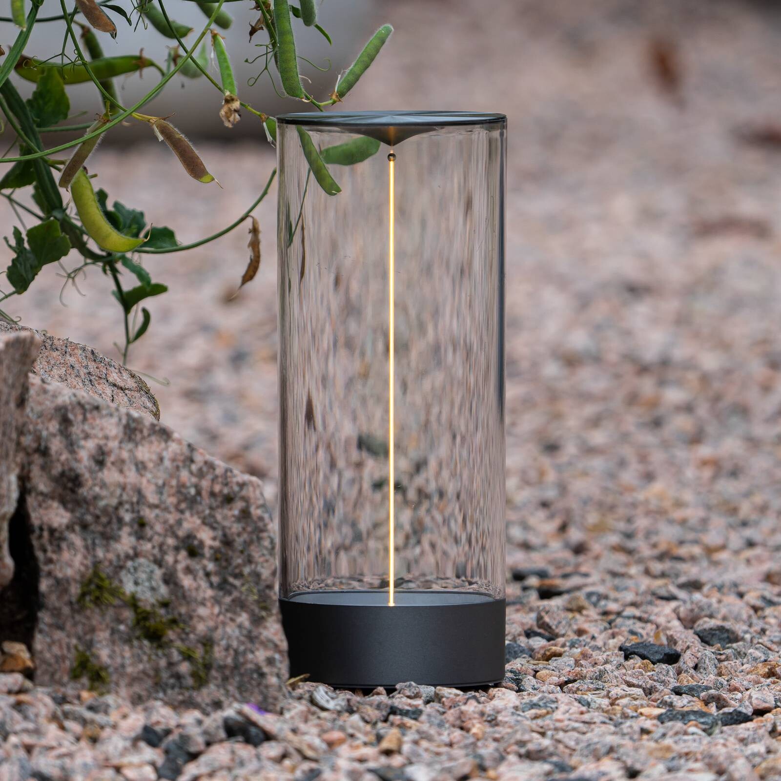 Stolová LED lampa Edison na batérie, výška 32 cm, sivá/číra, IP54