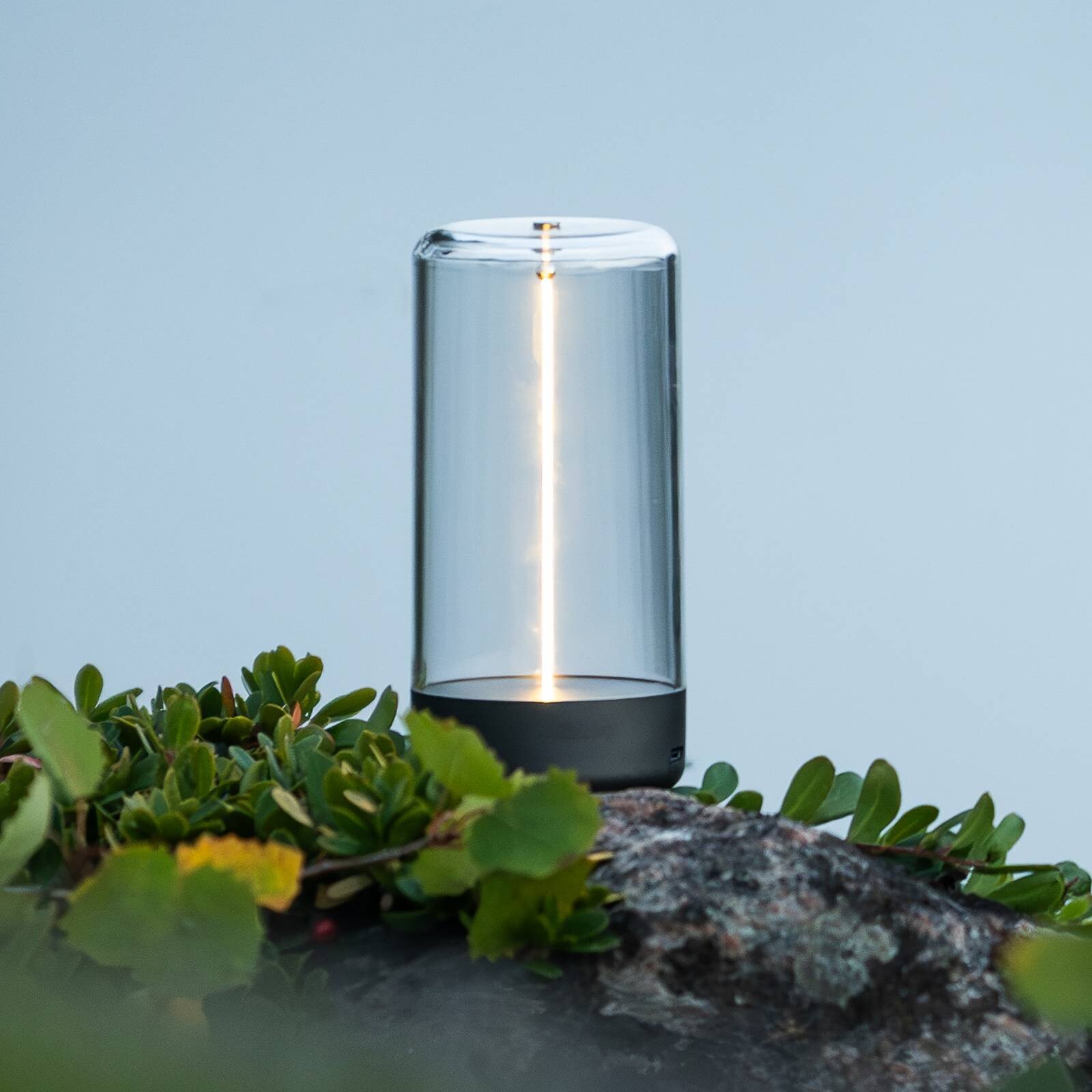 Stolová LED lampa Edison na batérie, výška 15 cm, sivá/číra, IP54