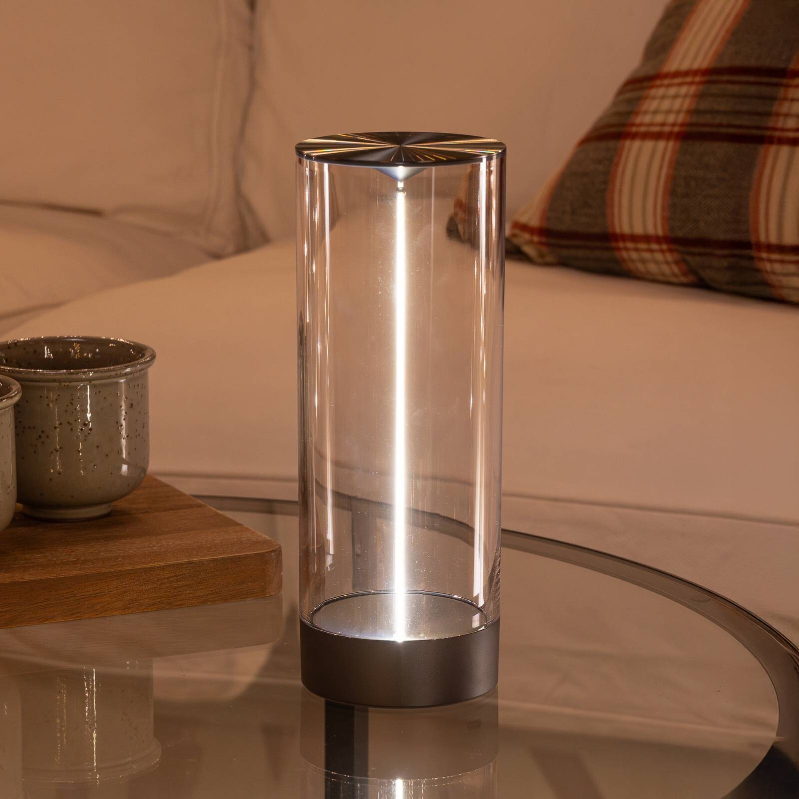 Stolová LED lampa Edison na batérie, výška 24 cm, sivá/číra, IP54