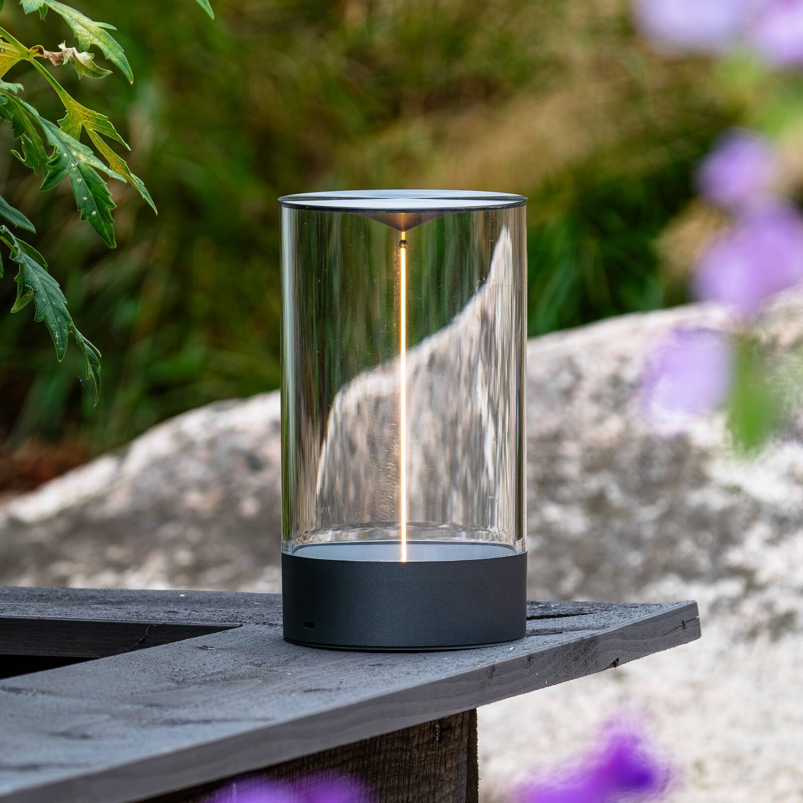 Stolová LED lampa Edison na batérie, výška 23 cm, sivá/číra, IP54