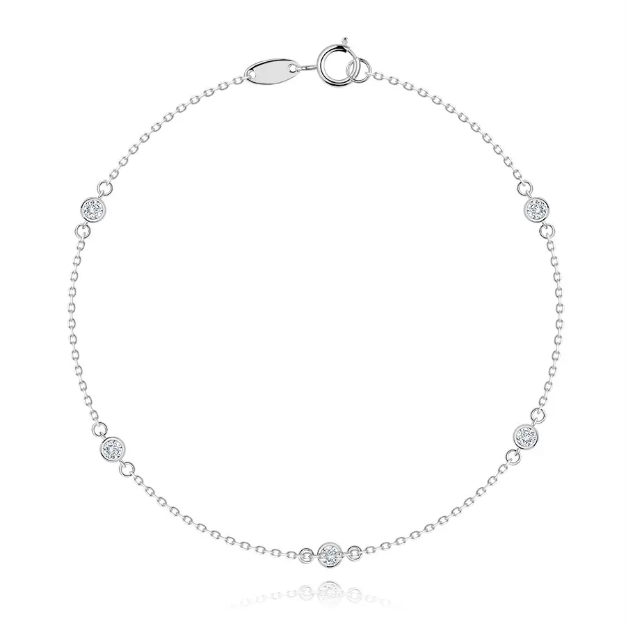 Náramok z bieleho 14K zlata - okrúhle číre zirkóny, skosené očká