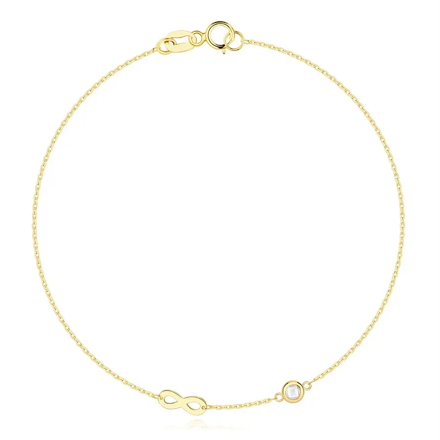 Zlatý 14K náramok zo žltého zlata - lesklý symbol nekonečna, číry zirkón