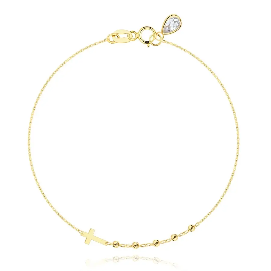 Zlatý 14K náramok v žltom zlate - latinský kríž, guličky, zirkónová kvapka