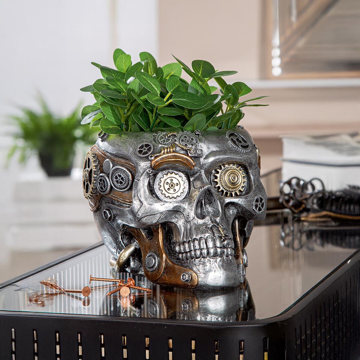 Steampunkový kvetináč Lebka