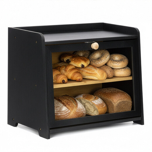 Dvojúrovňový, uzatvárateľný bambusový chlebník s okienkom - čierny
