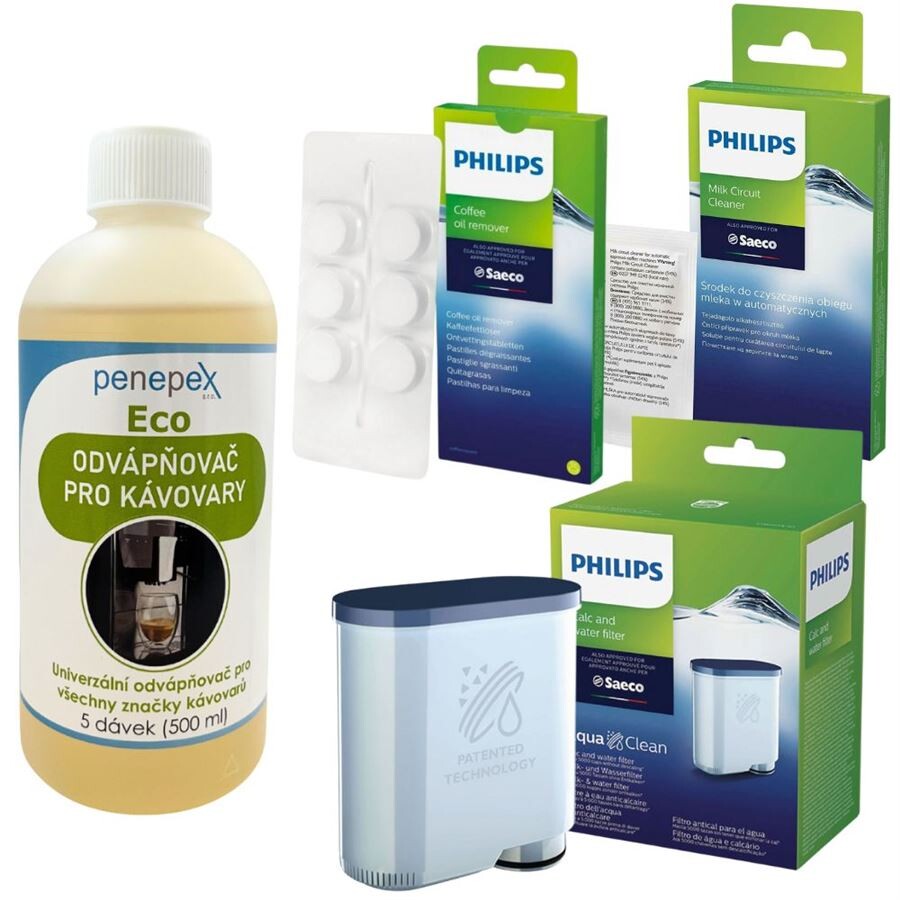 Philips AquaClean CA6903/10 filter do kávovaru + Penepex Eco odvápňovač 500 ml + Philips CA6704/10 čistiace tablety 6 ks. + Philips CA6705/10 čistiaci prostriedok na mliečny okruh