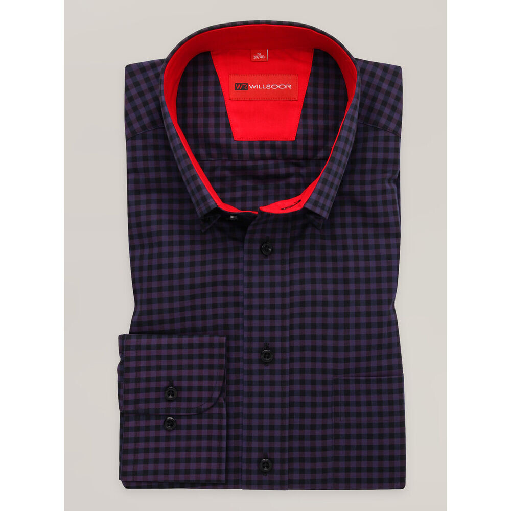 Pánska kockovaná košeľa slim fit vo fialovej farbe s červeným kontrastom 16731