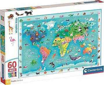 CLEMENTONI Puzzle s hľadaním obrázkov Mapa sveta so zvieratkami MAXI 60 dielikov