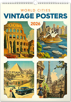 NOTIQUE Vintage plagáty – svetové mestá 2026, 33 × 46 cm