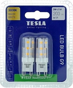 Tesla LED žiarovka G9, 2 W, 230 V, 200 lm, 3000 K teplá biela, 2 ks v balení