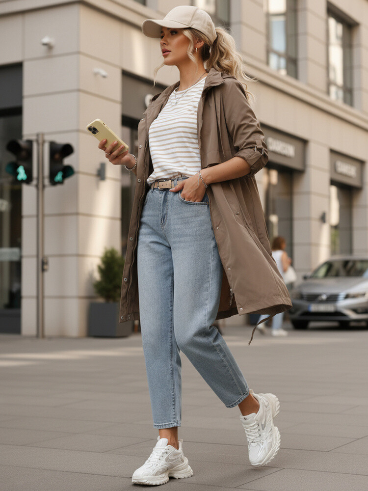 Dámsky prechodný kabát s rifľami