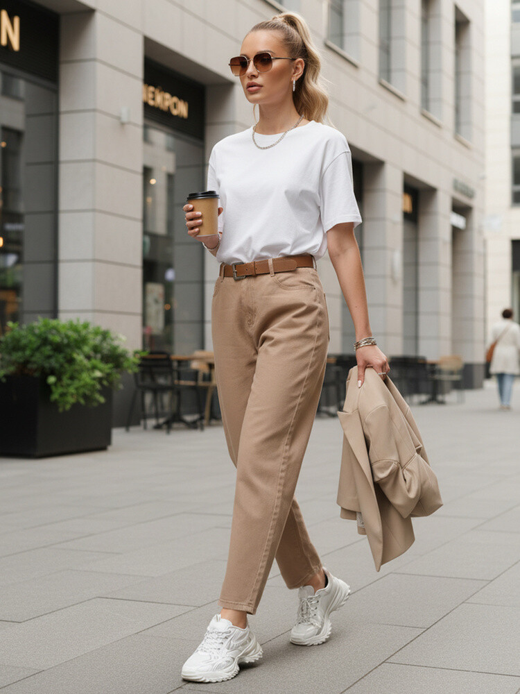 Béžové rovné rifle s vysokým pásom